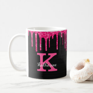 Girly Black Hot Pink Glitter Drift Monogram Naam Koffiemok