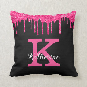 Girly Black Hot Pink Glitter Drift Monogram Naam Kussen
