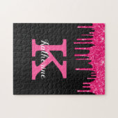 Girly Black Hot Pink Glitter Drift Monogram Naam Legpuzzel (Horizontaal)