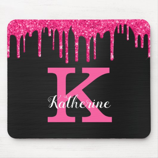 Girly Black Hot Pink Glitter Drift Monogram Naam Muismat (Voorkant)