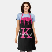 Girly Black Hot Pink Glitter Drift Monogram Naam Schort (Gedragen)