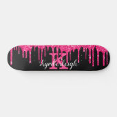 Girly Black Hot Pink Glitter Drift Monogram Naam Skateboard (Horizontaal)
