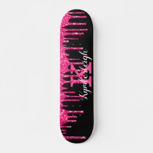 Girly Black Hot Pink Glitter Drift Monogram Naam Skateboard