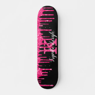 Girly Black Hot Pink Glitter Drift Monogram Naam Skateboard