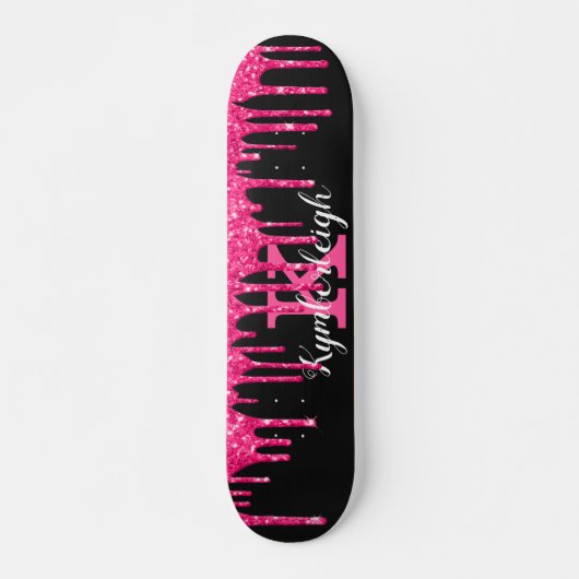 Girly Black Hot Pink Glitter Drift Monogram Naam Skateboard (Voorkant)