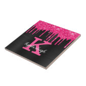 Girly Black Hot Pink Glitter Drift Monogram Naam Tegeltje (Zijkant)