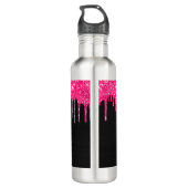 Girly Black Hot Pink Glitter Drift Monogram Naam Waterfles (Achterkant)
