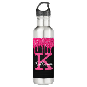 Girly Black Hot Pink Glitter Drift Monogram Naam Waterfles