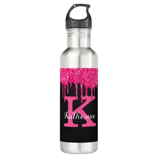 Girly Black Hot Pink Glitter Drift Monogram Naam Waterfles (Voorkant)