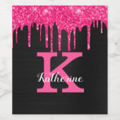 Girly Black Hot Pink Glitter Drift Monogram Naam Wijn Etiket (Enkel label)
