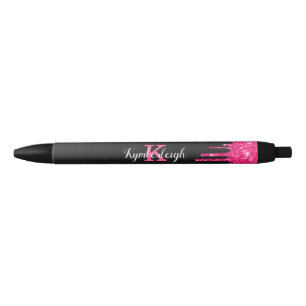 Girly Black Hot Pink Glitter Drift Monogram Naam Zwarte Inkt Pen