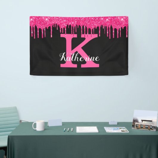 Girly Black Hot Pink Glitter Drift Monogram Spandoek (Beurs)