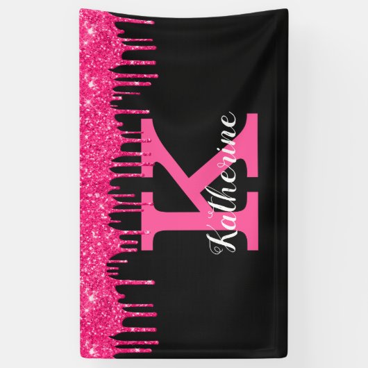 Girly Black Hot Pink Glitter Drift Monogram Spandoek (Verticaal)