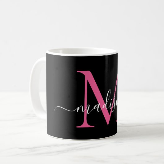 Girly Black Hot Pink Monogram Elegant Script Koffiemok (Voorkant links)