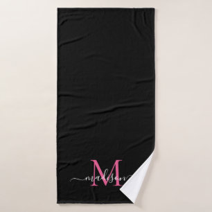 Girly Black Magenta Hot Pink Monogram Script Naam Badhanddoek