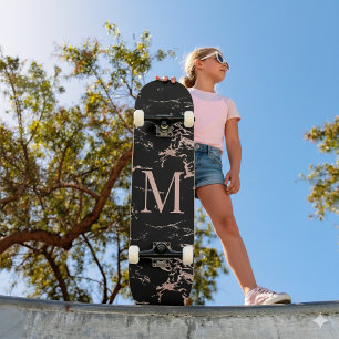Girly Black Marble Roos Gold Foil Monogram Skateboard
