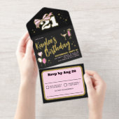 Girly Black Pink Gold Bow 21 Verjaardagsfeest All In One Uitnodiging (Uittrekbaar)