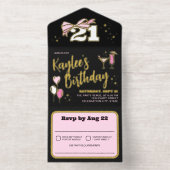 Girly Black Pink Gold Bow 21 Verjaardagsfeest All In One Uitnodiging (Binnenkant)