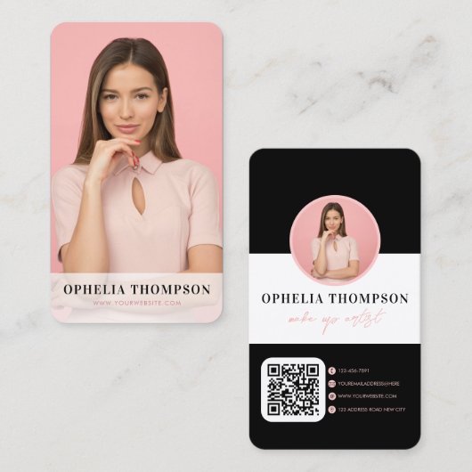 Girly Black Pink Typography Script QR-code Visitekaartje (Voorkant / Achterkant)