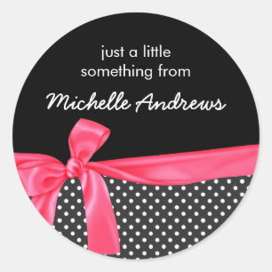 Girly Black Polka Dots & Neon Pink Bow Gift Label