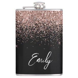 Girly Black Roos Gold Blush Pink Glitter Monogram Heupfles