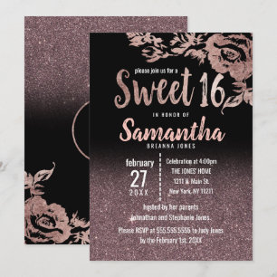 Girly Black Roos Gold Glitter Floral Sweet 16 Kaart