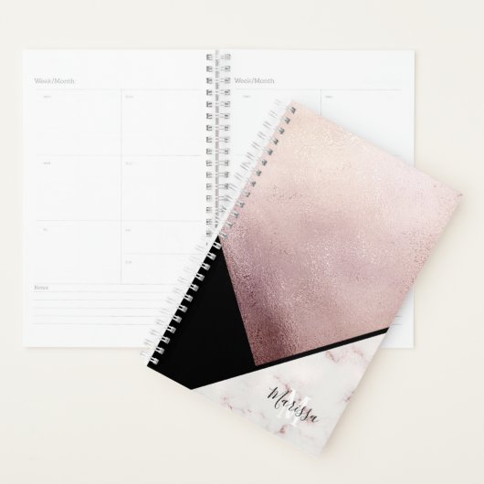 Girly Black & Roos Gold Marble Abstract monogram Planner (Display)