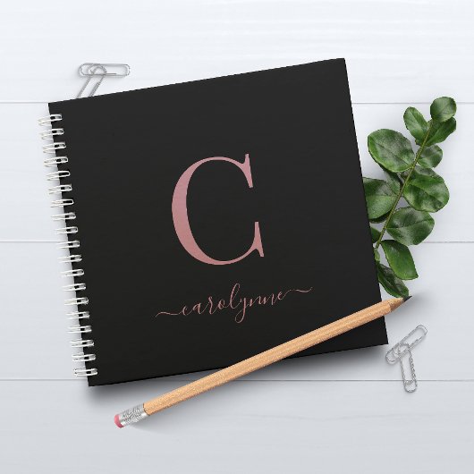 Girly Black Roze Rose Gold Monogram Naam Notitieboek