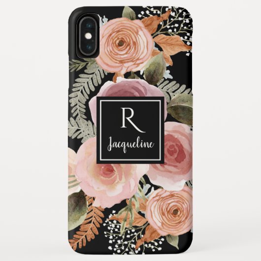 Girly Black Waterverf Floral BOHO Greenery Name Case-Mate iPhone Case (Achterkant)
