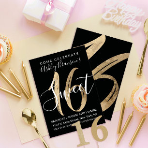 Girly Black White Faux Gold Foil Sweet 16 Kaart