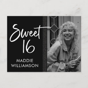 Girly Black & White Glitter Sweet 16 Birthday  Uitnodiging Briefkaart