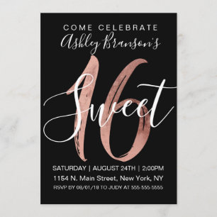 Girly Black White Roos Gold Foil Modern Sweet 16 Kaart