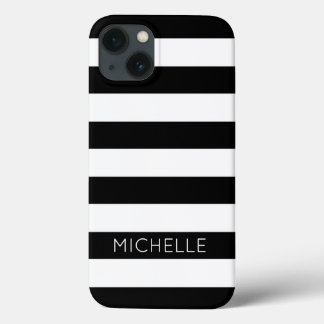 Girly Black White Stripes Aangepaste naam Monogram iPhone 13 Hoesje