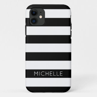 Girly Black White Stripes Aangepaste naam Monogram iPhone 11 Hoesje
