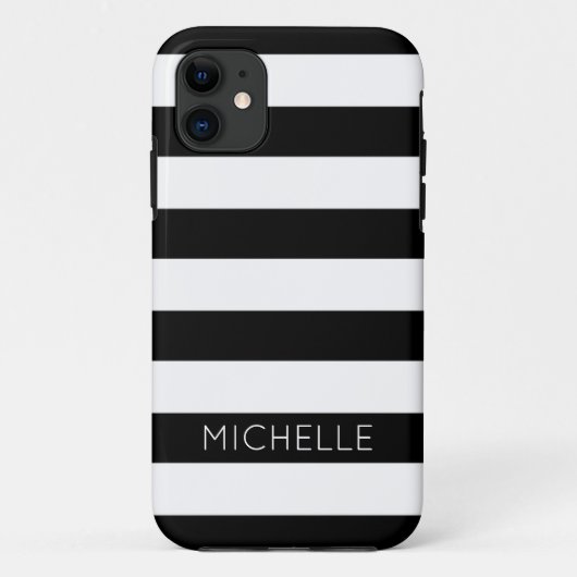 Girly Black White Stripes Aangepaste naam Monogram Case-Mate iPhone Case (Achterkant)