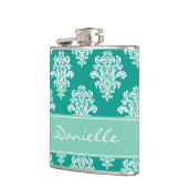 Girly Blauwgroen Damask Monogram Heupfles (Links)