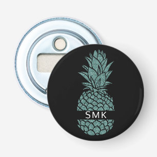 Girly Blauwgroen en Black Glitter Ananas Monogram Button Flesopener