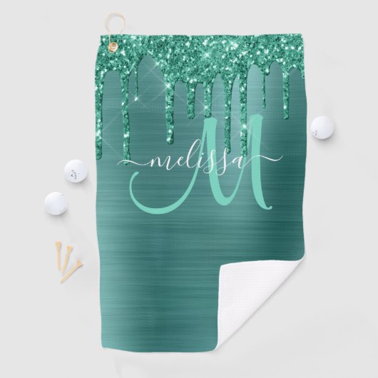 Girly Blauwgroen Geborsteld Metaal Dripping Glitte Golfhanddoek (Insitu)