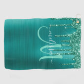 Girly Blauwgroen Geborsteld Metaal Dripping Glitte Golfhanddoek (Horizontaal)