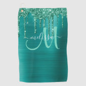 Girly Blauwgroen Geborsteld Metaal Dripping Glitte Golfhanddoek (Voorkant)