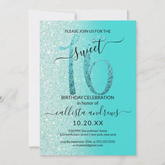 Girly Blauwgroen Mint Green Glitter Ombre Sweet 16 Kaart (Voorkant)