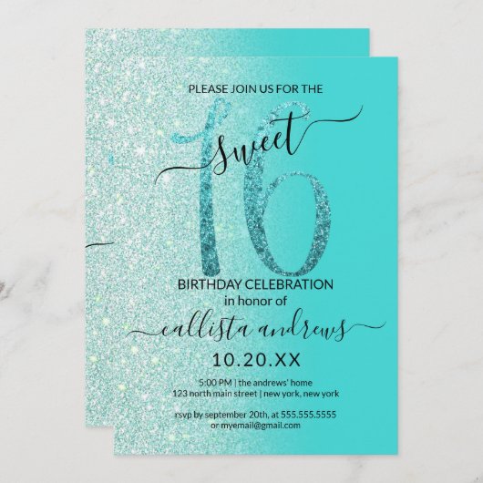 Girly Blauwgroen Mint Green Glitter Ombre Sweet 16 Kaart (Voorkant / Achterkant)