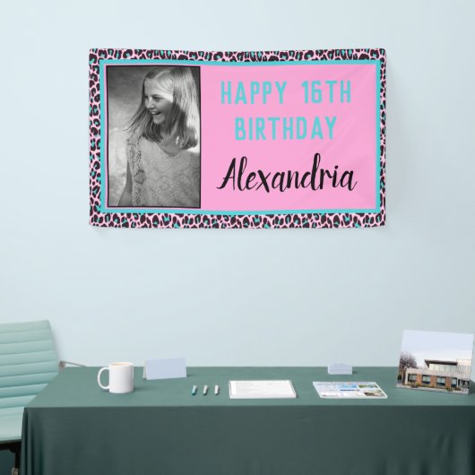 Girly Blauwgroen/Roze Luipaard Print Sweet 16 Verj Spandoek (Beurs)