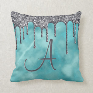 Girly Blauwgroen Silver Sparkle Glitter Drip Monog Kussen