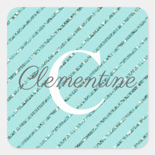 Girly Blauwgroen Turquoise Glitter Stripes Monogra Vierkante Sticker