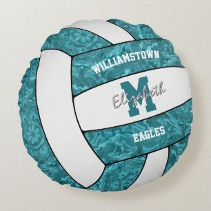 Girly blauwgroen wit volleybal team kleuren cadeau rond kussen