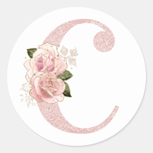 Girly Bleek Roos Gold Glitter Floral Monogram C Ronde Sticker (Voorkant)