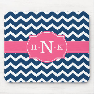 Girly Blue Chevron Pink Monogram Muismat