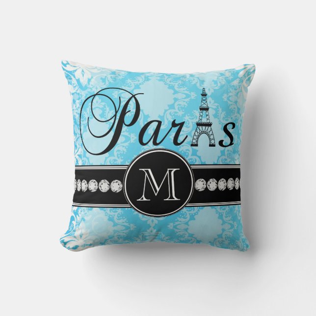 Girly Blue  Damask Black Paris Monogram Kussen (Voorkant)