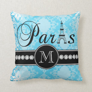Girly Blue Damask Black Paris Monogram Kussen